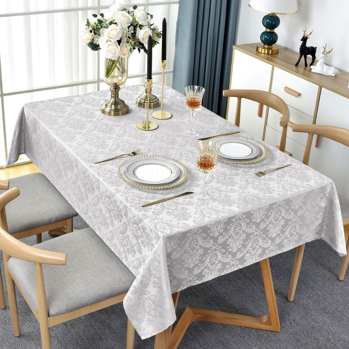 SASTYBALE Damask Tablecloth Rectangle Tablecloth, Waterproof & Wrinkle Free Fabric Jacquard Table Cloth for Dinner, Party, Indoor & Outdoor, 60 x 120 Inch Grey