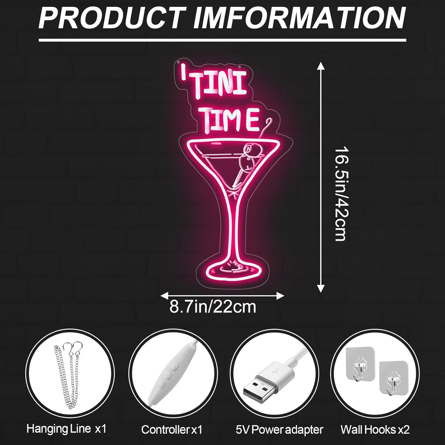Tini Time LED Neon Sign, Martini Neon Sign for Bars, Elegant Cocktail Glass Neon, Martini Cocktail Bar Wall Decor, Bar Wall Art, Pub neon, 16.5"x8.7", Pink