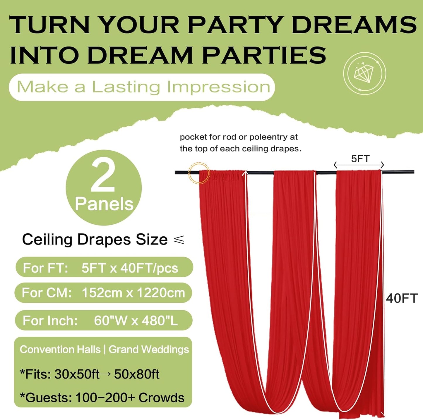 PartyVillage 10ftx40ft Red Ceiling Curtain for Wedding Parties – 2 Panels Wrinkle-Free 40 FT Long Tent Draping Curtains for Wedding, Birthday & Theme Parties, 40ft Height with Rod Pocket