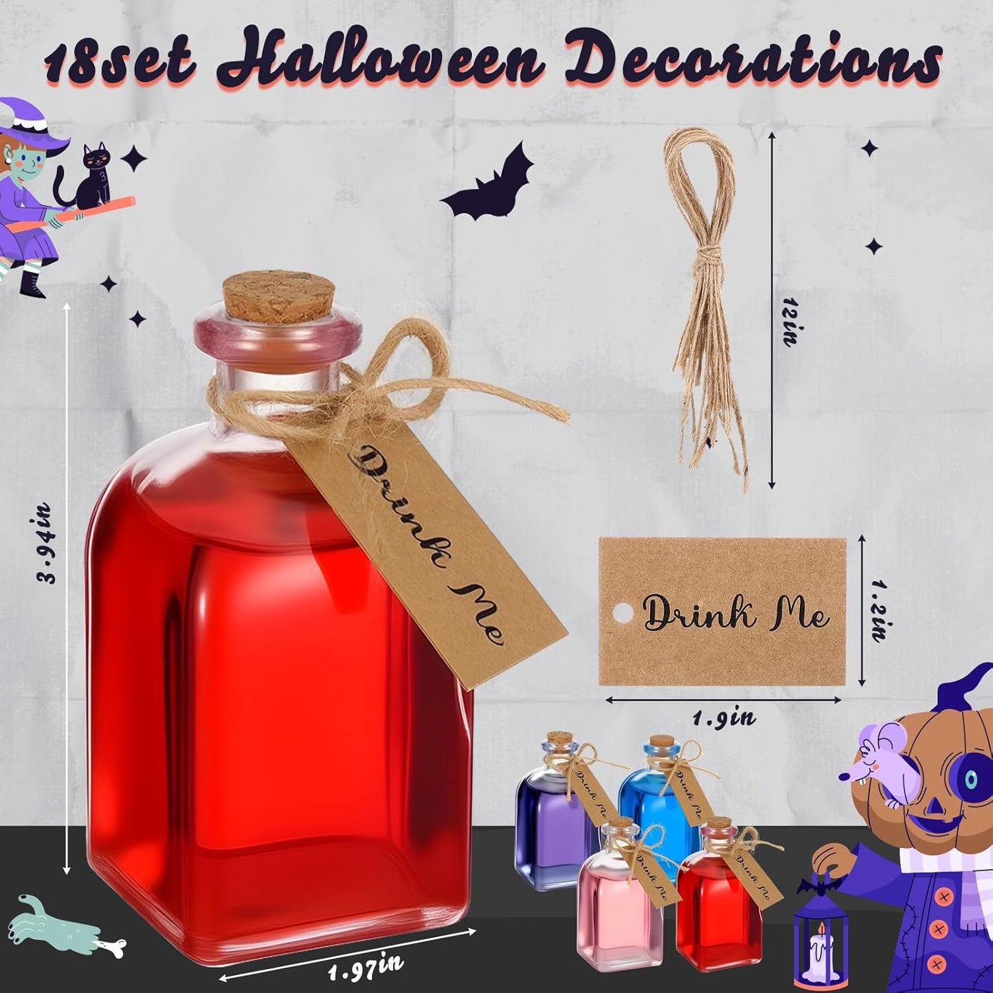 Baderke 18 Pcs 4oz Glass Potion Bottles Favor Jars with Cork Lid Twine Tags Glass Bottles Tiny Vintage Square Water Candy Jars Honey Spice Vials Party Favors DIY Crafts Halloween Wedding Decorations