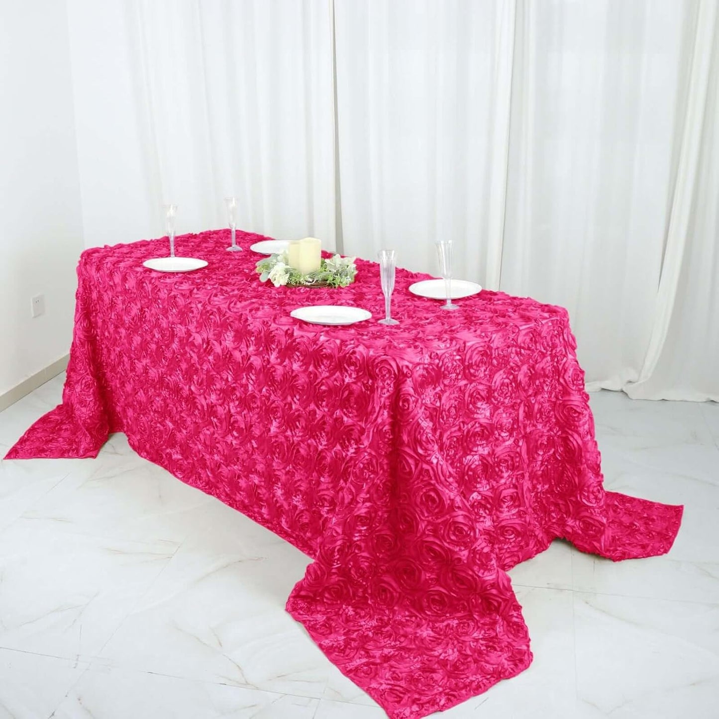 Efavormart 90"x132" Wholesale Rectangle Table Cover Fushia Grandiose Rosette 3D Satin Tablecloth for Wedding Party Event