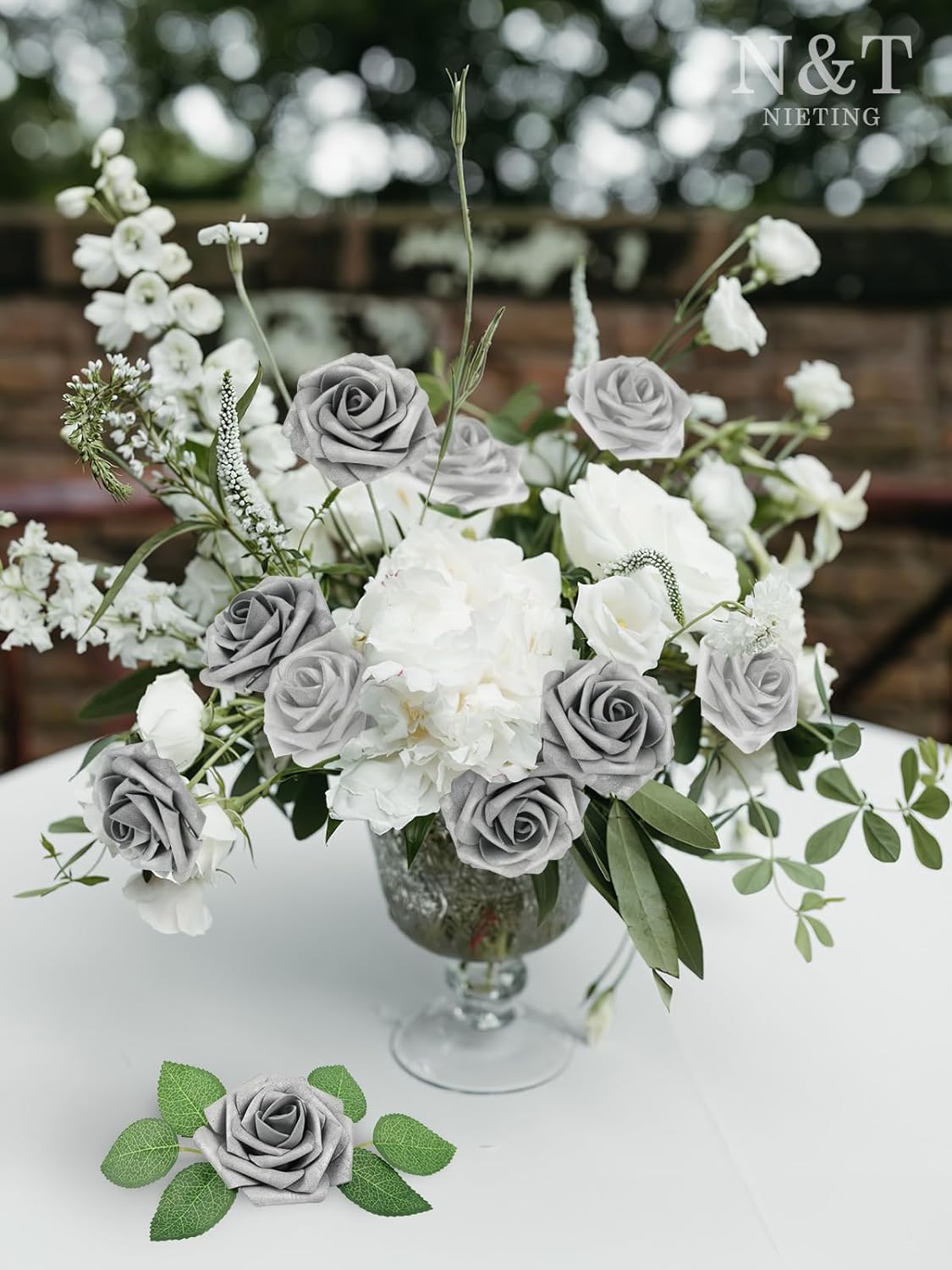 N&T NIETING Roses Artificial Flowers, 50Pcs Fake Flowers Foam Roses with Stems for DIY Wedding Bridesmaid Bridal Bouquets Centerpieces Party Home Decoration Baby Shower, Silver White and Silver Grey