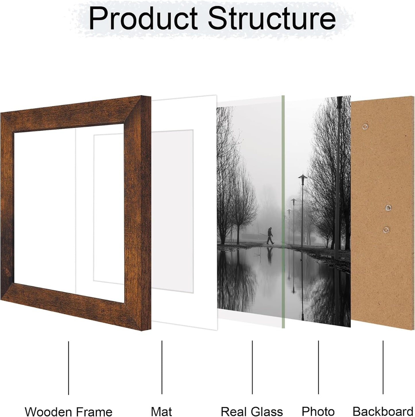 8x8 Picture Frame Set of 4 with HD Glass, Display 6x6 Pictures with Mat or 8 x 8 Without Mat, Rustic Wood Photo Frame for Wall Mount and Tabletop Display