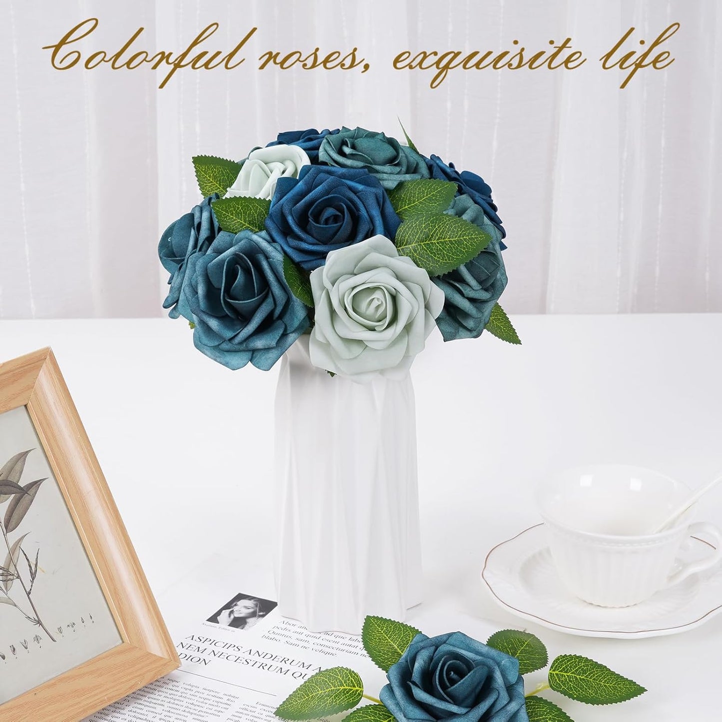 BLEUM CADE 16Pcs Artificial Flowers Fake Roses with Stems, Gradient Misty Blue Boxed Foam Roses for DIY Bouquets Centerpieces Wedding Party Arrangement Bridal Shower Decor