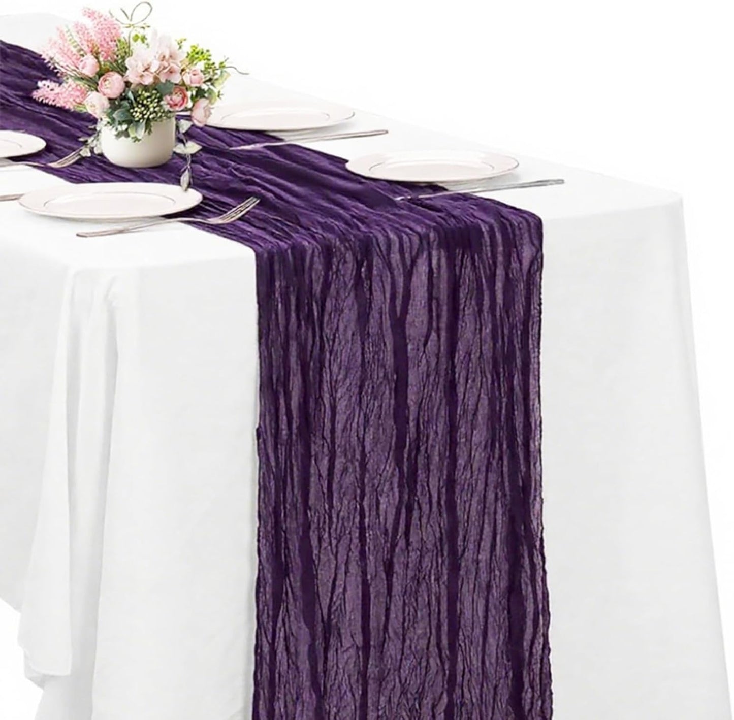 Purple Cheesecloth Table Runner -21*120Inch Long Boho Wedding Table Decor, Rustic Gauze Fabric Runner for Bridal Showers, Baby Showers & Parties (Sheer, Lightweight, Wrinkled Design)