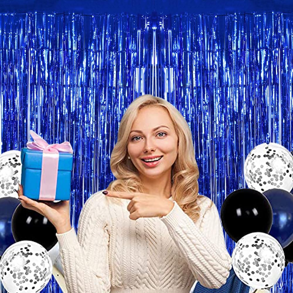 BEISHIDA 4 Pcs Blue Door Streamers Tinsel Curtain Party Backdrop Fringe Foil Wall Background for Birthday Halloween Christmas Wedding Boys Babyshower Party Decoration(3.28 ft x 6.56 ft)