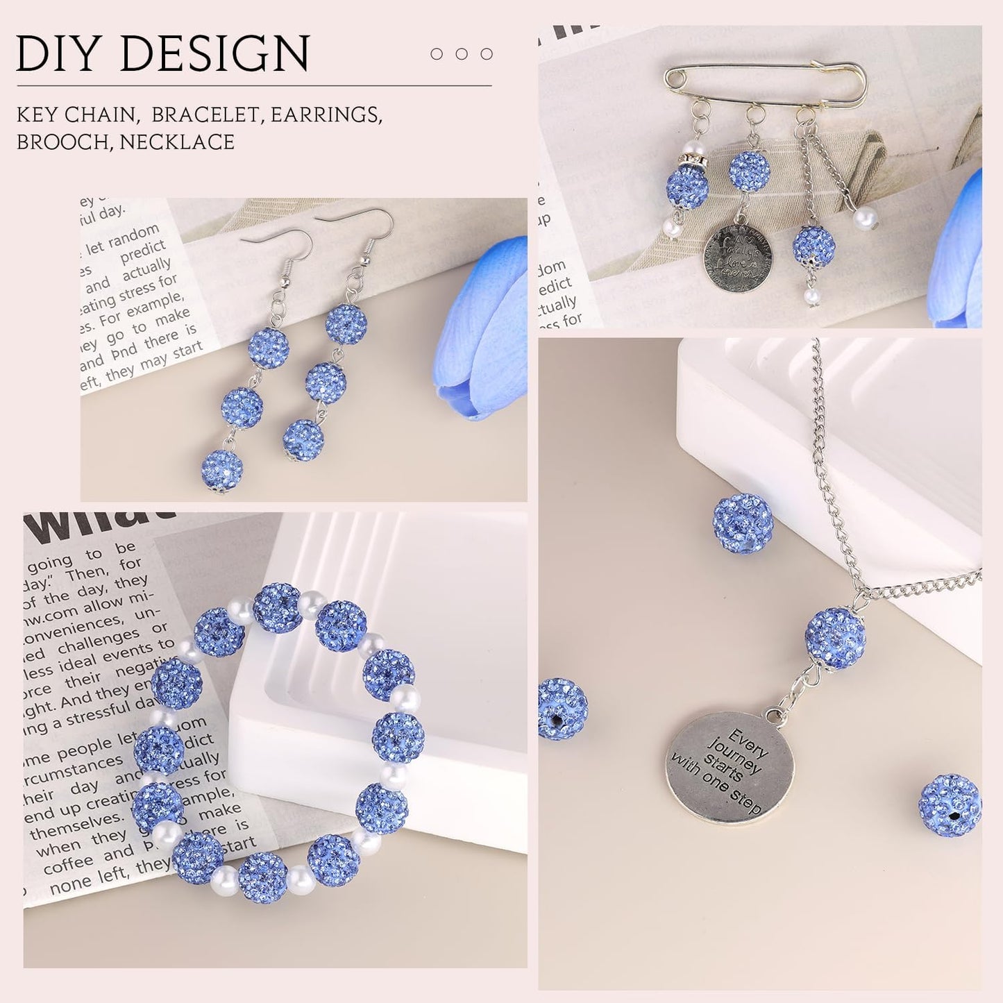 200pcs 10mm Light Sky Blue Rhinestone Beads for Jewelry Making, Shiny Round Shamballa Disco Ball Beads, Sparkle Crystal Clay Christmas for Bracelet Baseball Necklace Earring Crafting and DIY