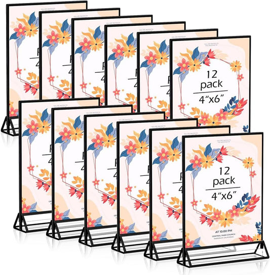 12PCS Acrylic Black Sign Holders, Wedding Table Sign Double Sided Holder, Acrylic Black Frame Sign Holders Display Stand for Wedding Table Numbers, Restaurant Sign, Menu, Photo (4" x 6")