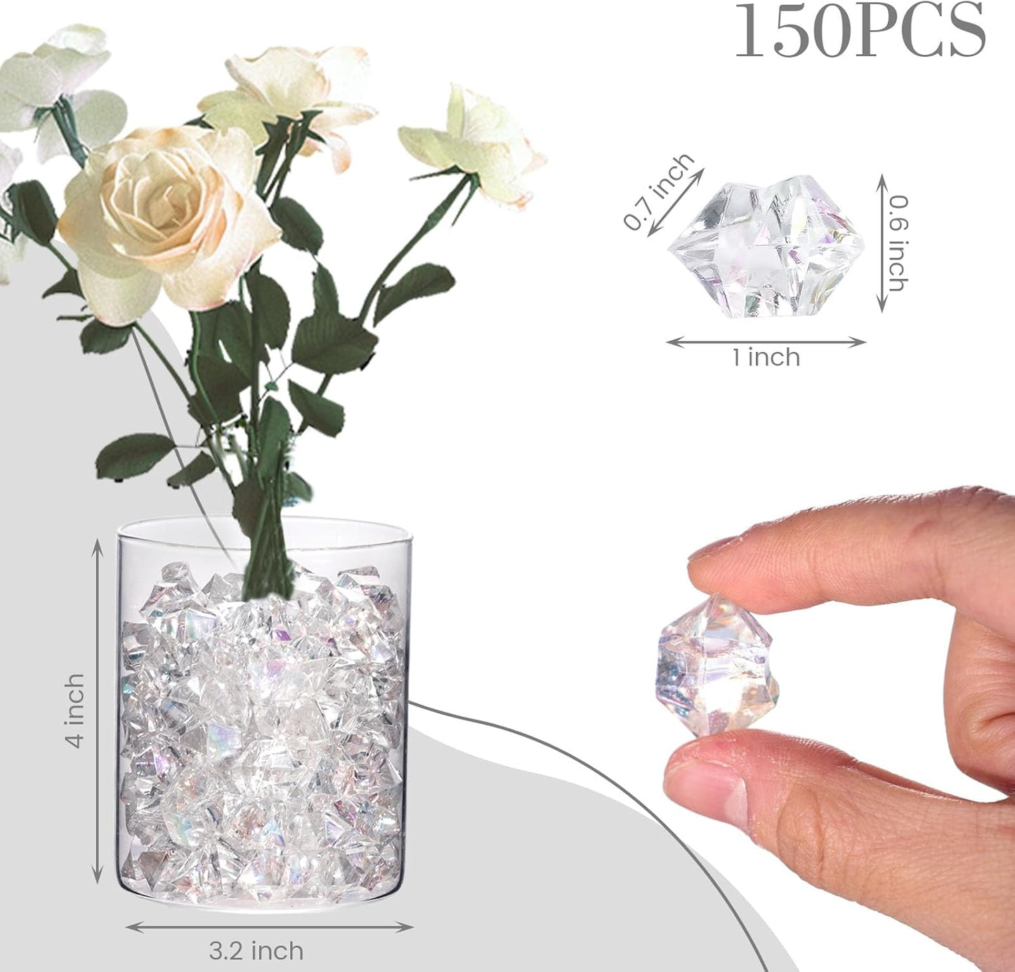 DomeStar Dazzling Fake Ice, 150PCS Sparkling Fake Diamonds, Iridescent Clear Gem Stones Vase Fillers DIY Crafts Wedding Table Scatter Decoration