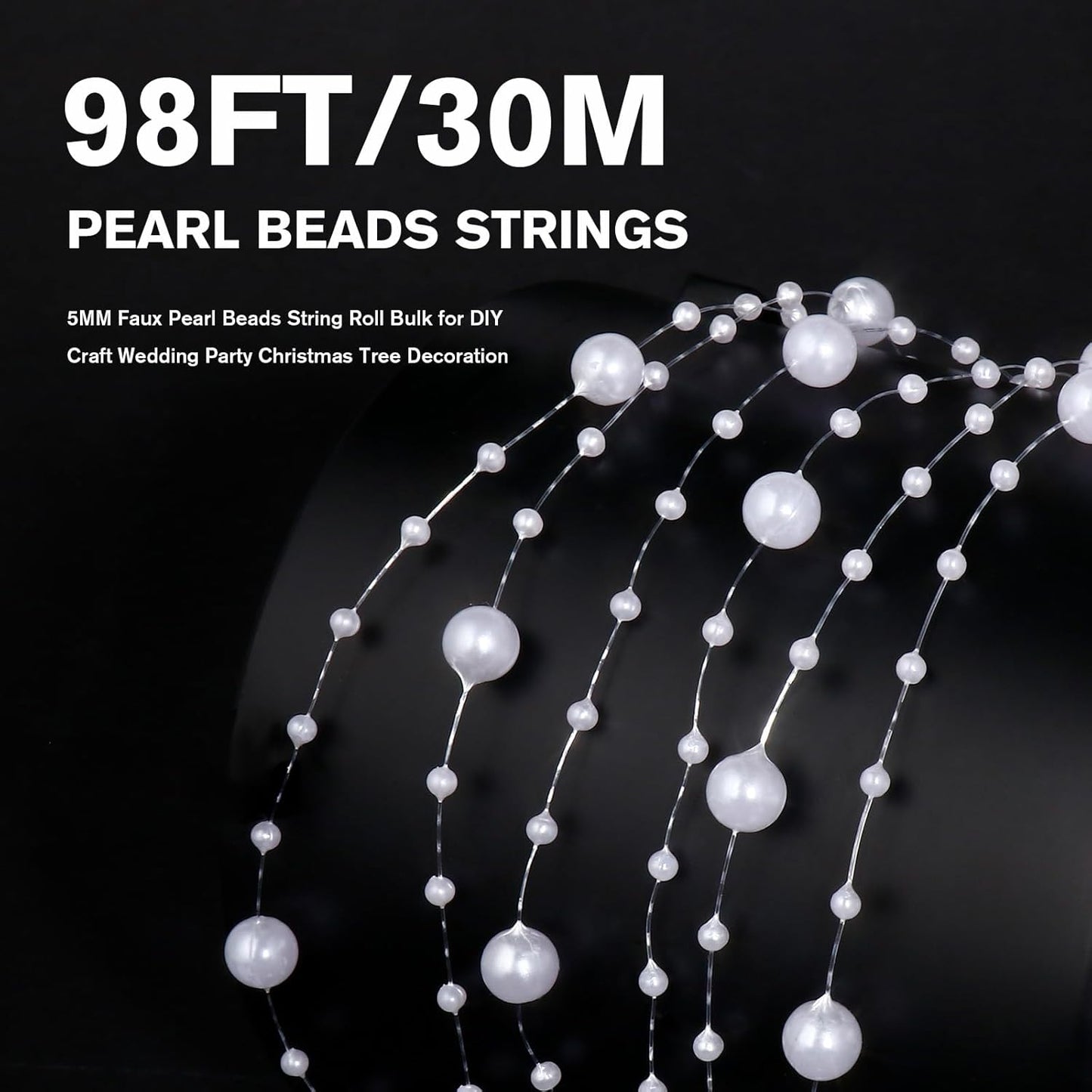 98FT Pearl Beads String Garland, 8mm 3mm White Faux Pearl Beads Roll Strand Bulk for Wedding Party Flower Christmas Decoration DIY Craft