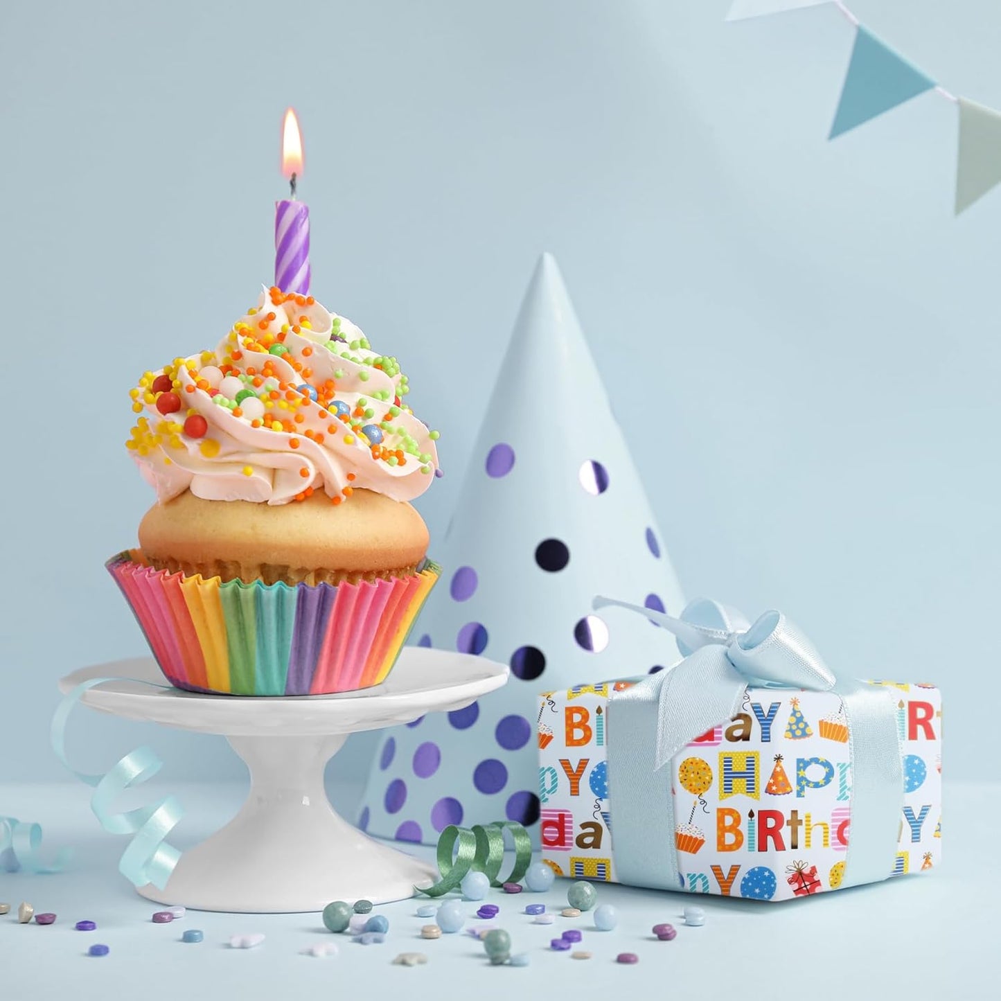 Aimyoo Blue Birthday Wrapping Paper Roll - 17 Inch X 16.4 Feet - Gold Foil Happy Birthday Lettering & Balloon Design Gift Wrap for Kids, Baby Showers