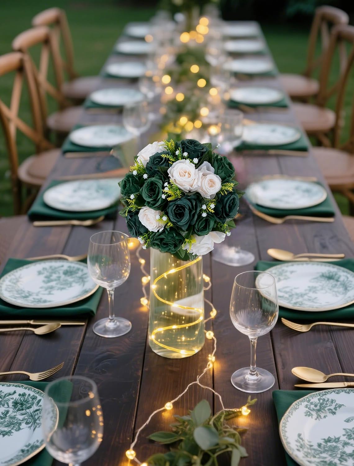 BLOSMON Green Flowers Artificial for Decoration: 2 Pcs Fake Rose Balls Centerpiece for Wedding Table - Faux Silk Kissing Bouquet Floral Arrangement for Home Party Event Decor