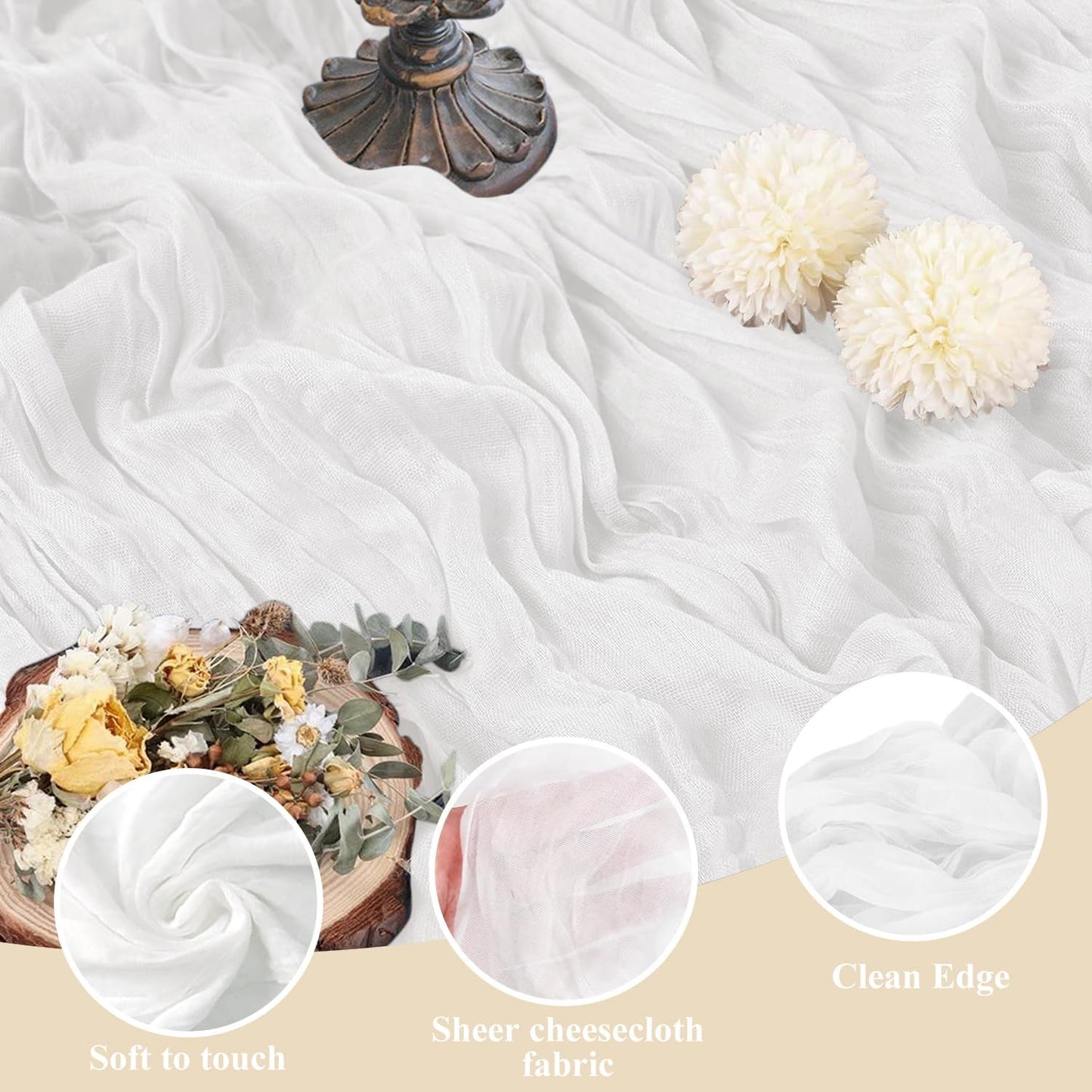 Asee'm 12pcs Cheesecloth Table Runner 120 Inches Long Ivory Boho Gauze Cheese Cloth Runner 10FT Rustic Sheer Table Runners for Christmas Wedding Party Baby Shower Spring Easter Decoration