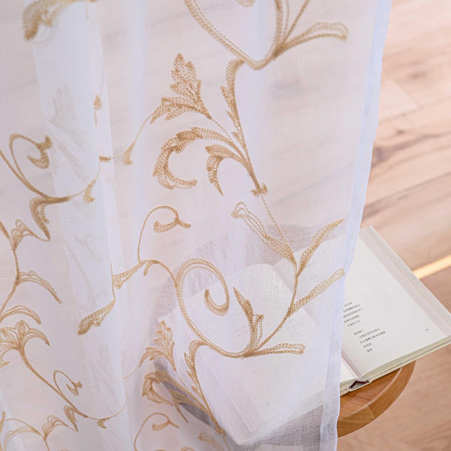 Sheer Curtains White-Beige 45 Inch Length Floral Embroidery Vintage Rod Pocket Voile Drapes for Living room, Bedroom, Window Treatments Semi Crinkle Curtain Panels for Farmhouse Set of 2, 52"x 45".