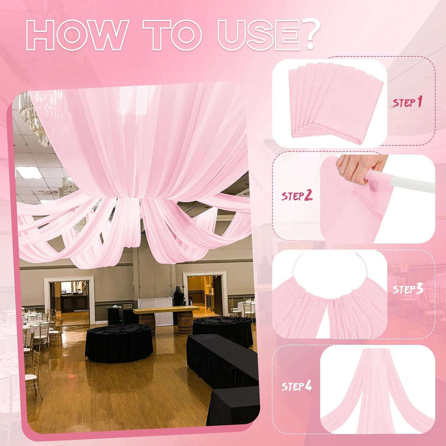 6 Panels Pink Ceiling Drapes for Wedding 5ftx15ft Ceiling Drapes Wedding Arch Draping Fabric Cheesecloth Sheer Curtain Romantic Ceiling Decorations for Weddings Party Banquet Ceremony Stage