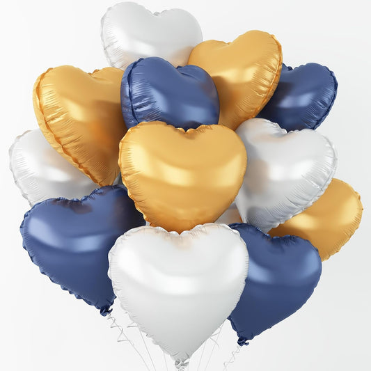 Blue Gold Silver Heart Balloons,12Pcs 18Inch Metallic Blue Gold Silver Heart Shaped Foil Helium Balloons for Graduation Birthday Anniversary Wedding Engagement Party Decorations