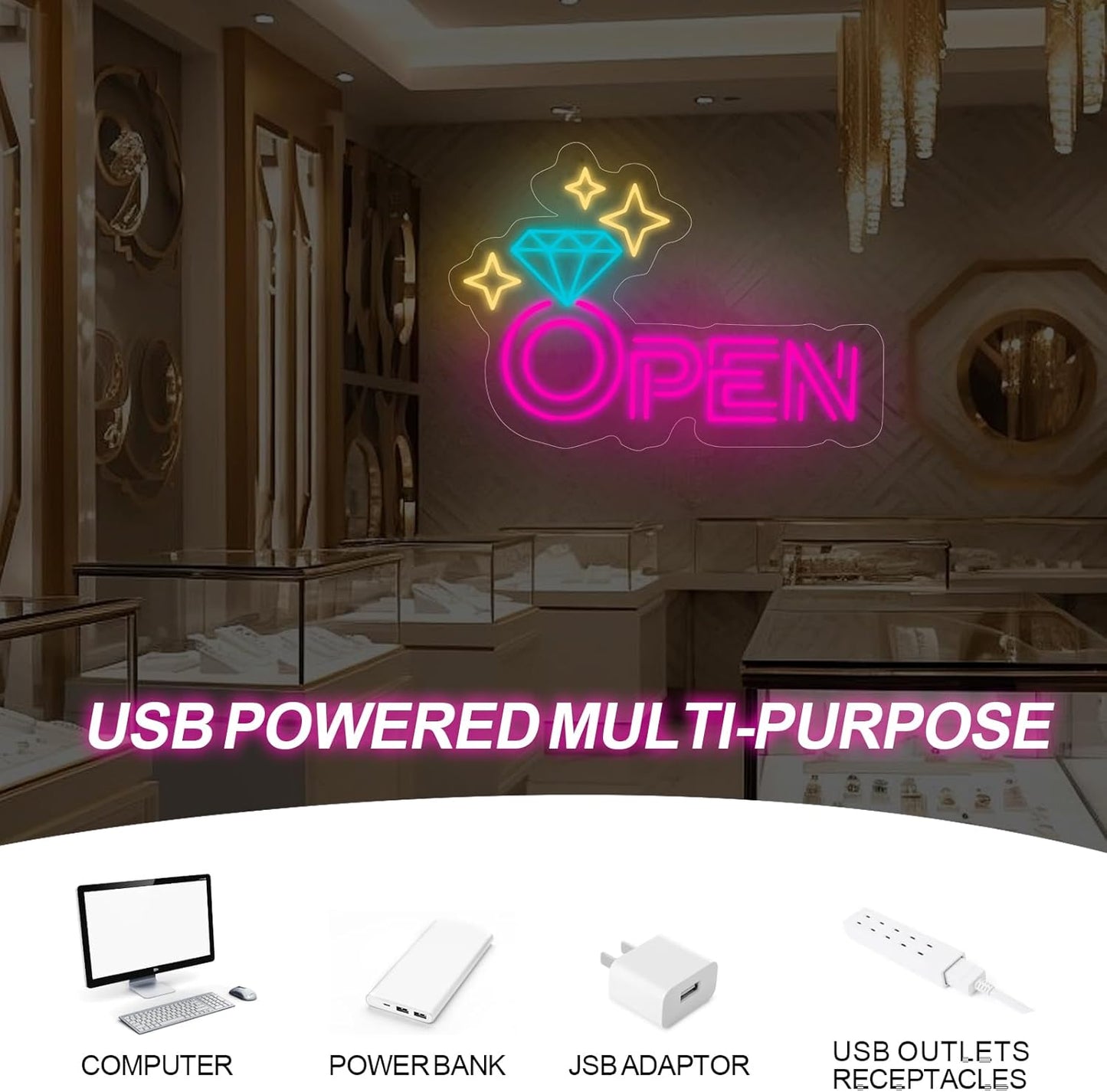 Diamond Open Indoor Neon Sign For Jewelry Store Custom Led Neon Sign Business Decor Store Decor Diamond LED Light Wall Art Decoration, 16.5"x11", Pink