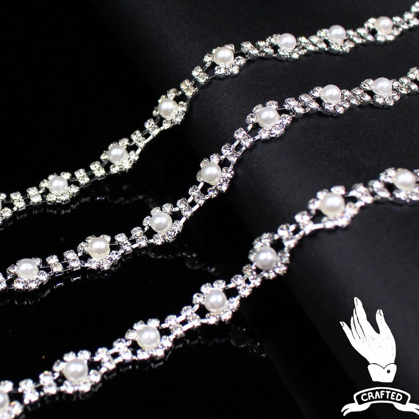 2 Yard Pearl Trim Chain Rhinestone Silver String Crystal Applique Fringe Ribbon Strips Beads Sewing Dress DIY Party Wedding Bouquet for Decoration Bridal Costume Embellishment