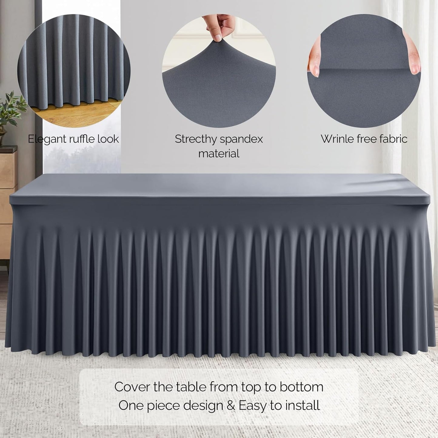 Wish Care 6 Pack Gray Spandex Table Clothes for 8 Foot Rectangle Tables, 8FT Wrinkle Free Fitted Tablecloths Ruffles Design Table Cover for Party, Banquet, Wedding and Events