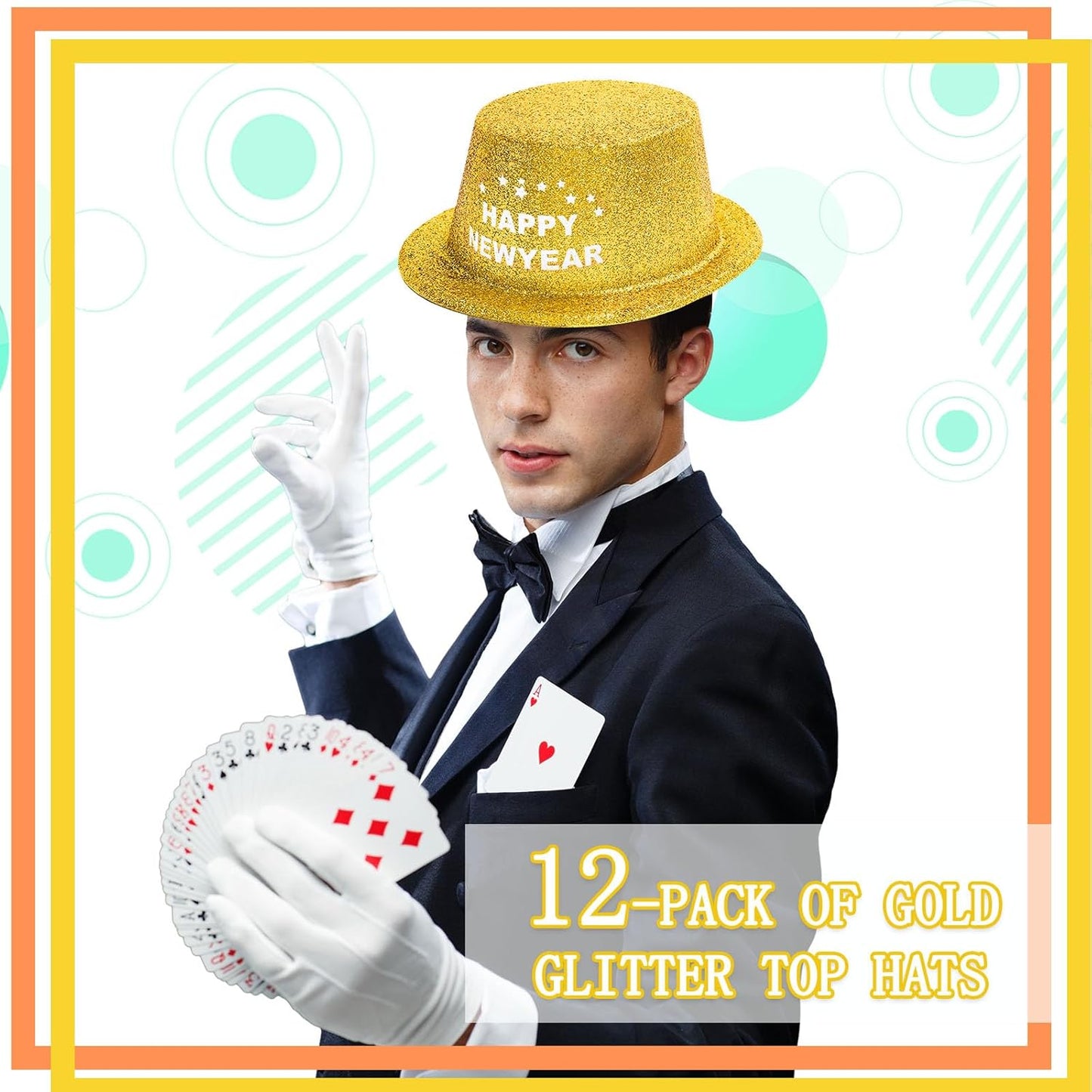 Hillban 12 Pcs Top Hats Halloween Glitter Plastic Retro Disco Party Hats for Halloween Magician Birthday Wedding Carnivals(Golden with Letter,Novel)