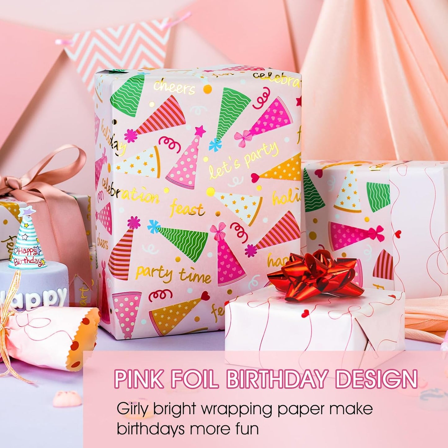 Yarcony Pink Birthday Wrapping Paper for Girl Women, Metallic Foil Girly Party Hat, Bow Design Happy Birthday Gift Wrap Paper for Kid Party, Baby Shower, Holiday (Mini Roll, 17 Inch X 33 Feet)