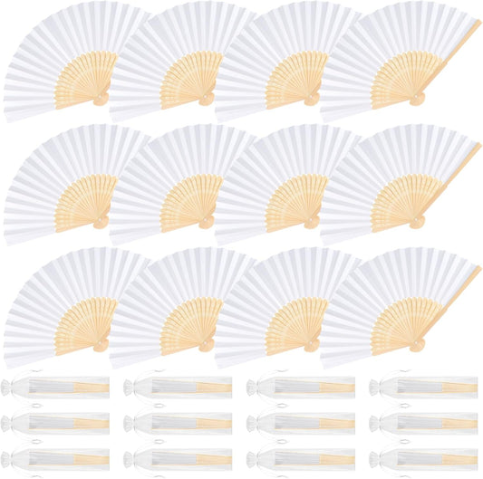 12 Pieces White Hand Held Bamboo Folding Fans Paper Fans Handheld for Women Foldable Girls Wedding Decoration Church Home Party Favors Summer