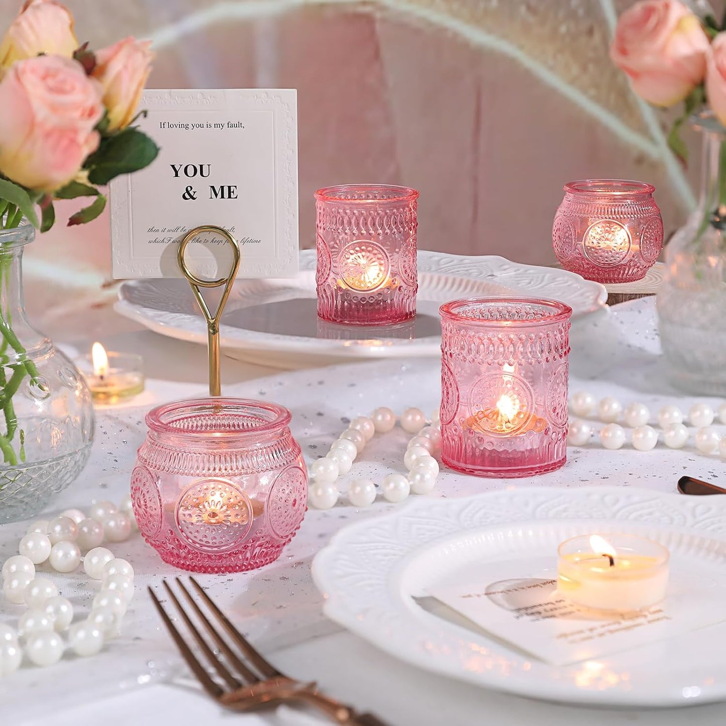 DARJEN 12Pcs Pink Votive Candle Holders - Glass Tea Light Candle Holder for Flameless LED Tea Waxes, Romantic Candle Holder for Wedding Decor, Various Parties & Dinner Table