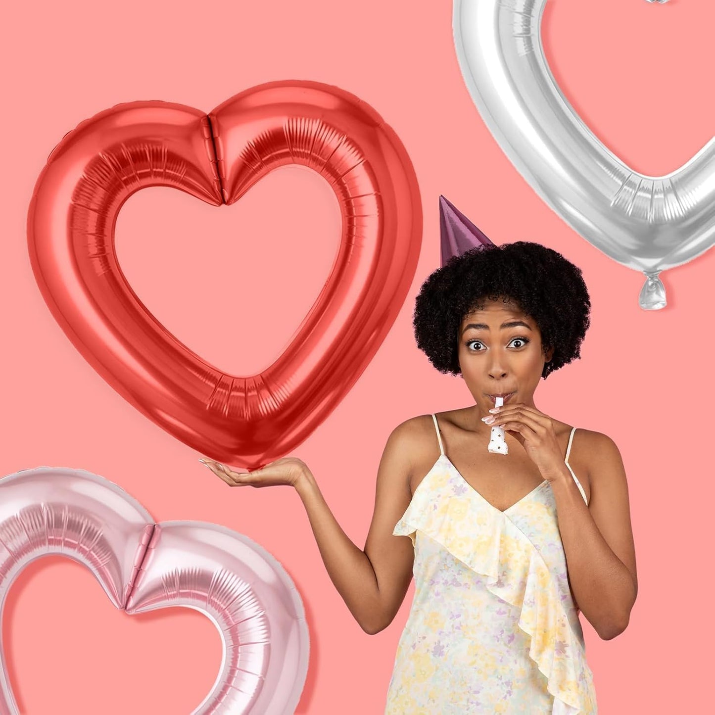 Pink Red Silver Heart Balloons,3Pcs 40Inch Large Hollow Out Heart Foil Balloons for Valentine's Day Birthday Wedding Anniversary Party Decorations