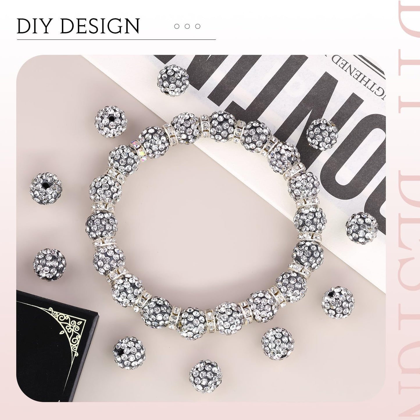 200pcs 10mm Black White Rhinestone Beads for Jewelry Making, Shiny Round Shamballa Disco Ball Beads, Sparkle Crystal Clay Christmas for Bracelet Baseball Necklace Earring Crafting and DIY