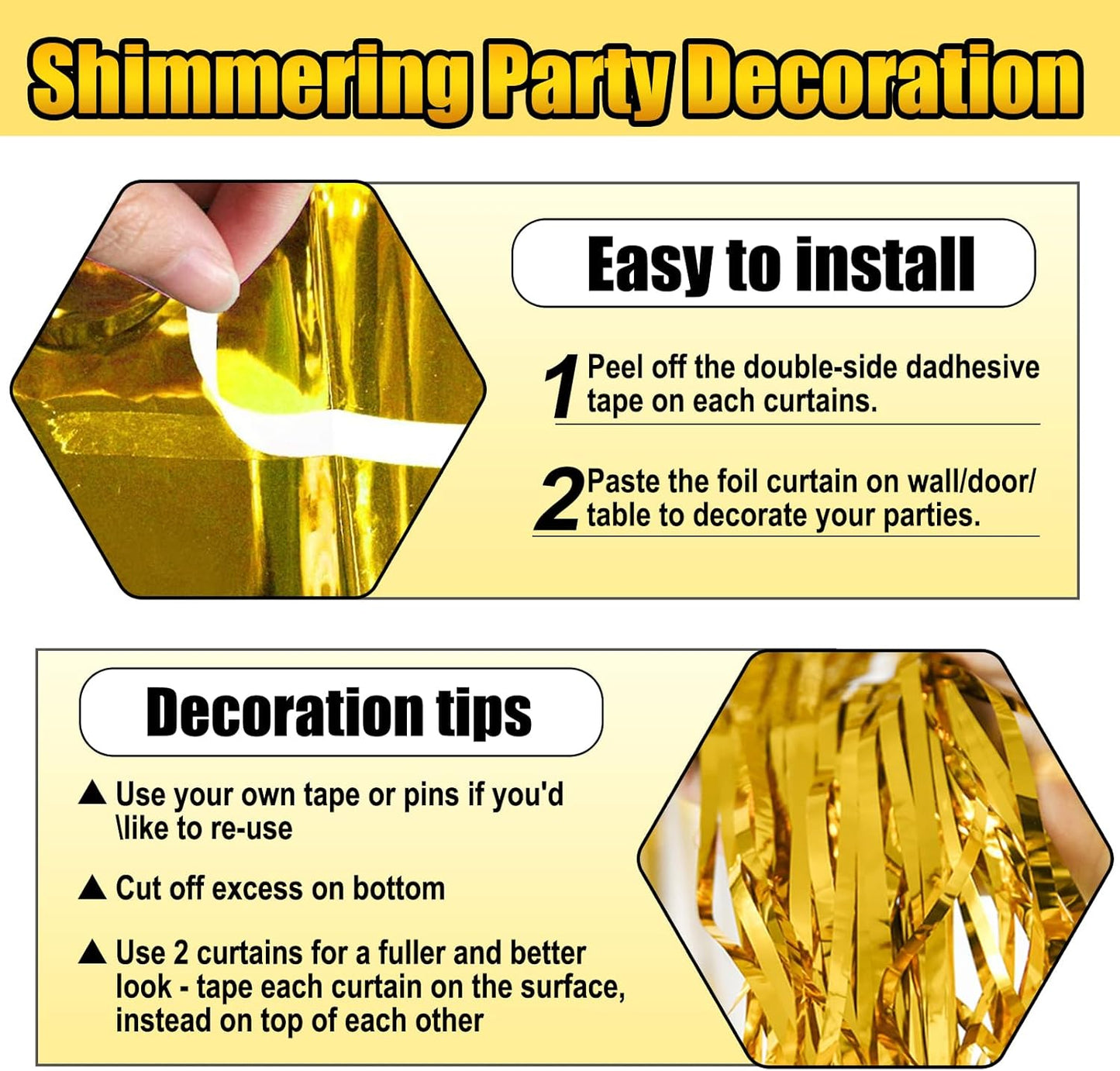 3 Pack Gold Foil Fringe Curtain Backdrop, 3.28Ft x 8.2Ft Metallic Tinsel Foil Fringe Streamer Curtains for Photo Booth, Christmas Day, Thanksgiving, Wedding, New Year Party Decorations