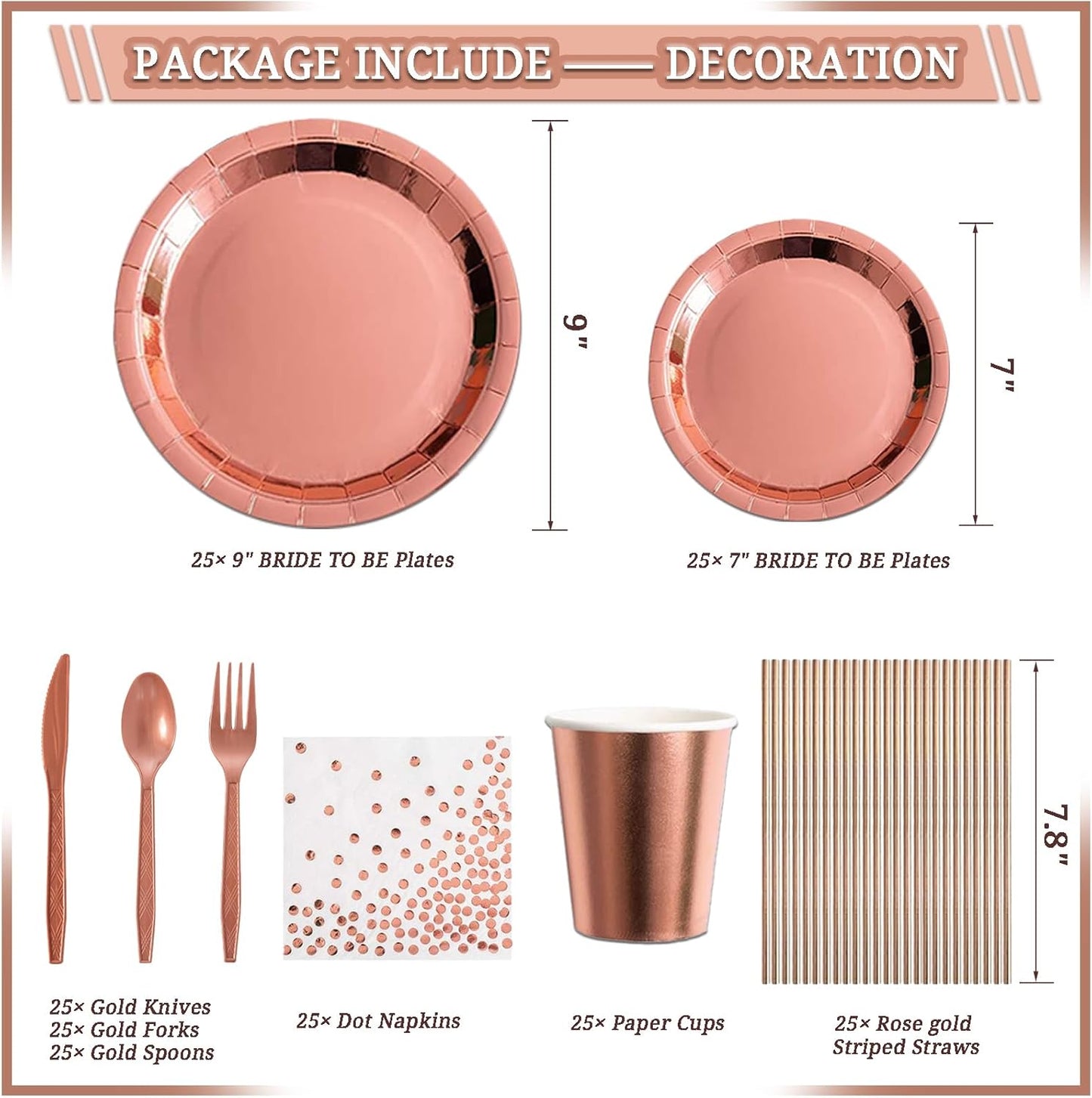 274 Pcs Rose Gold Bridal Shower Decorations, Bachelorette Party Decorations Favors - "BRIDE TO BE" Banner, Veil, Balloon, Photo Props, Tableware with Rose Gold for 25 Guests
