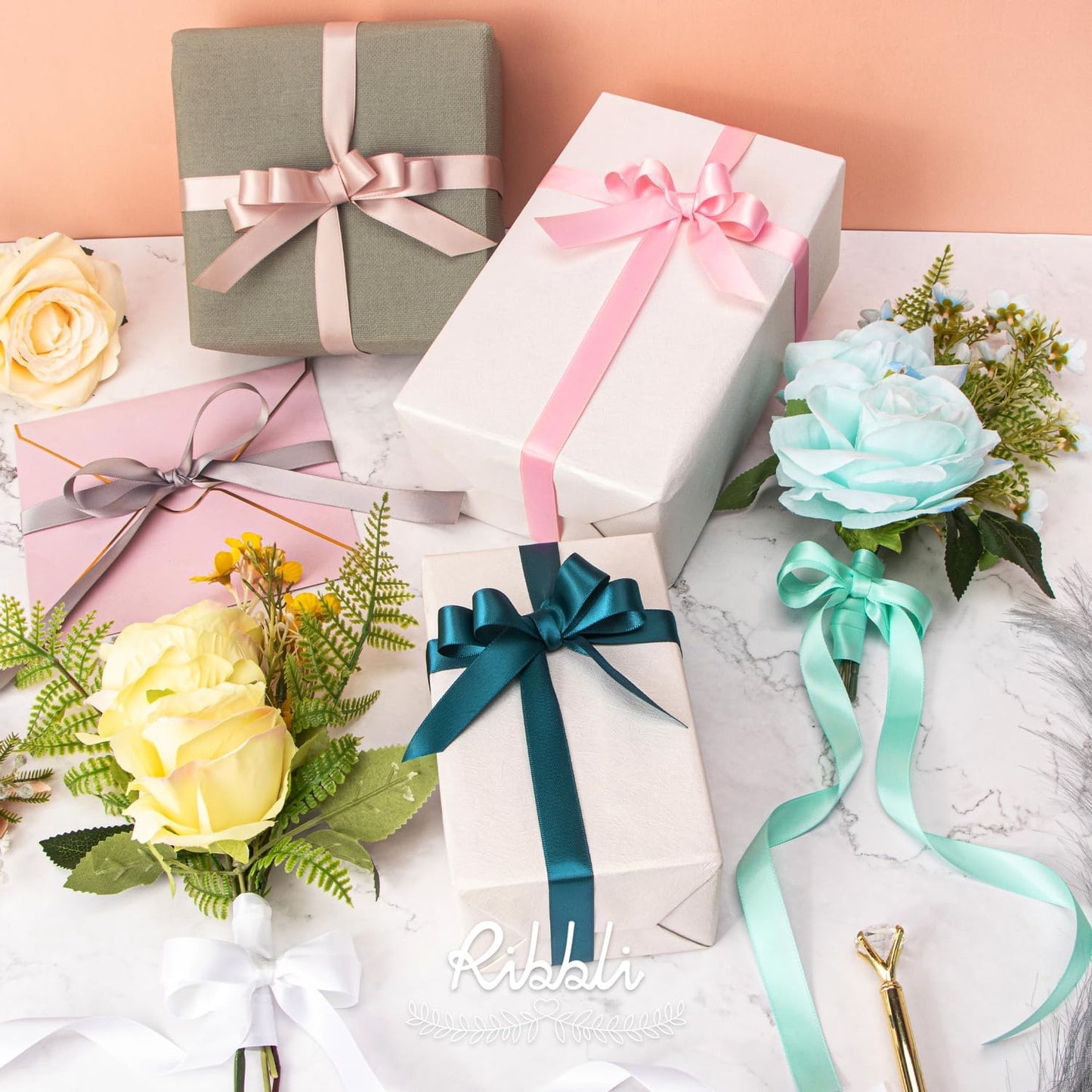 Ribbli Teal Satin Ribbon 5/8 inch x Continuous 25 Yards,Double Faced Satin Use for Craft, Gift Wrapping, Christmas Ornaments, Hair Bows, Bouquet Bows