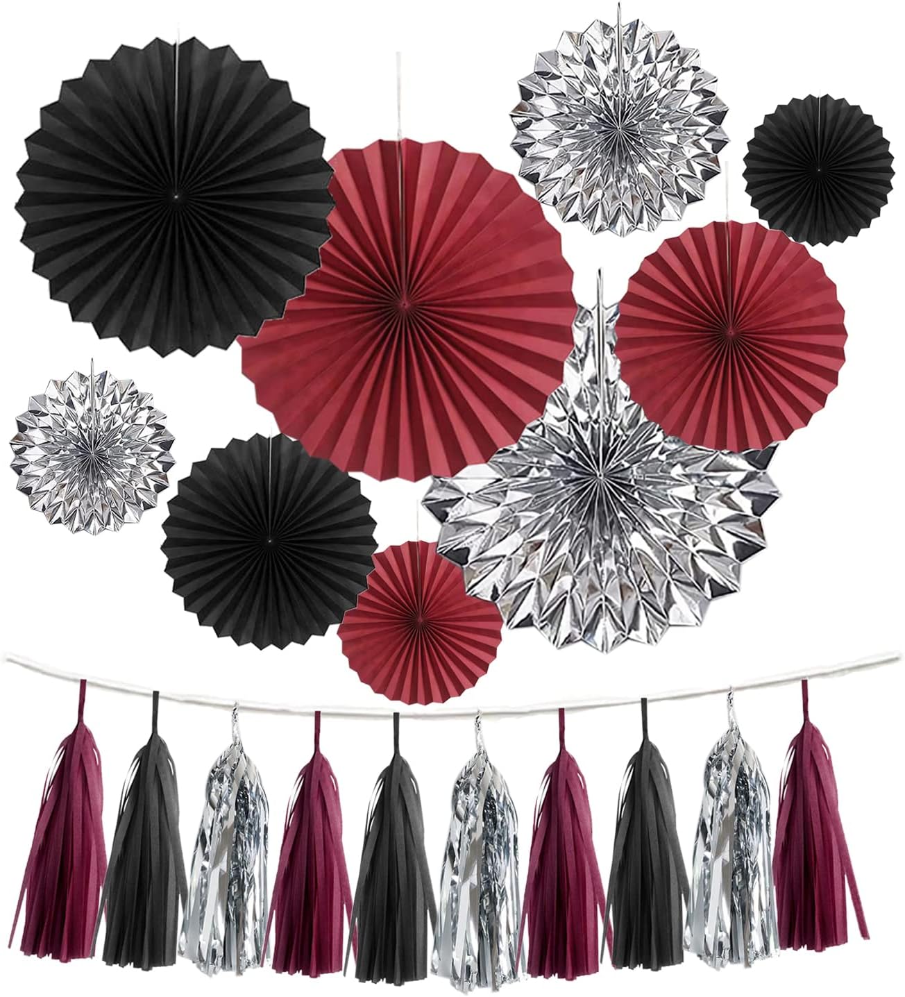 24PCS Maroon Decorations Burgundy Black Silver Party Decor Tassel Garland Banner Paper Flower Fans Streamers Wall Hanging Backdrop Graduation Wedding Birthday Bridal Shower