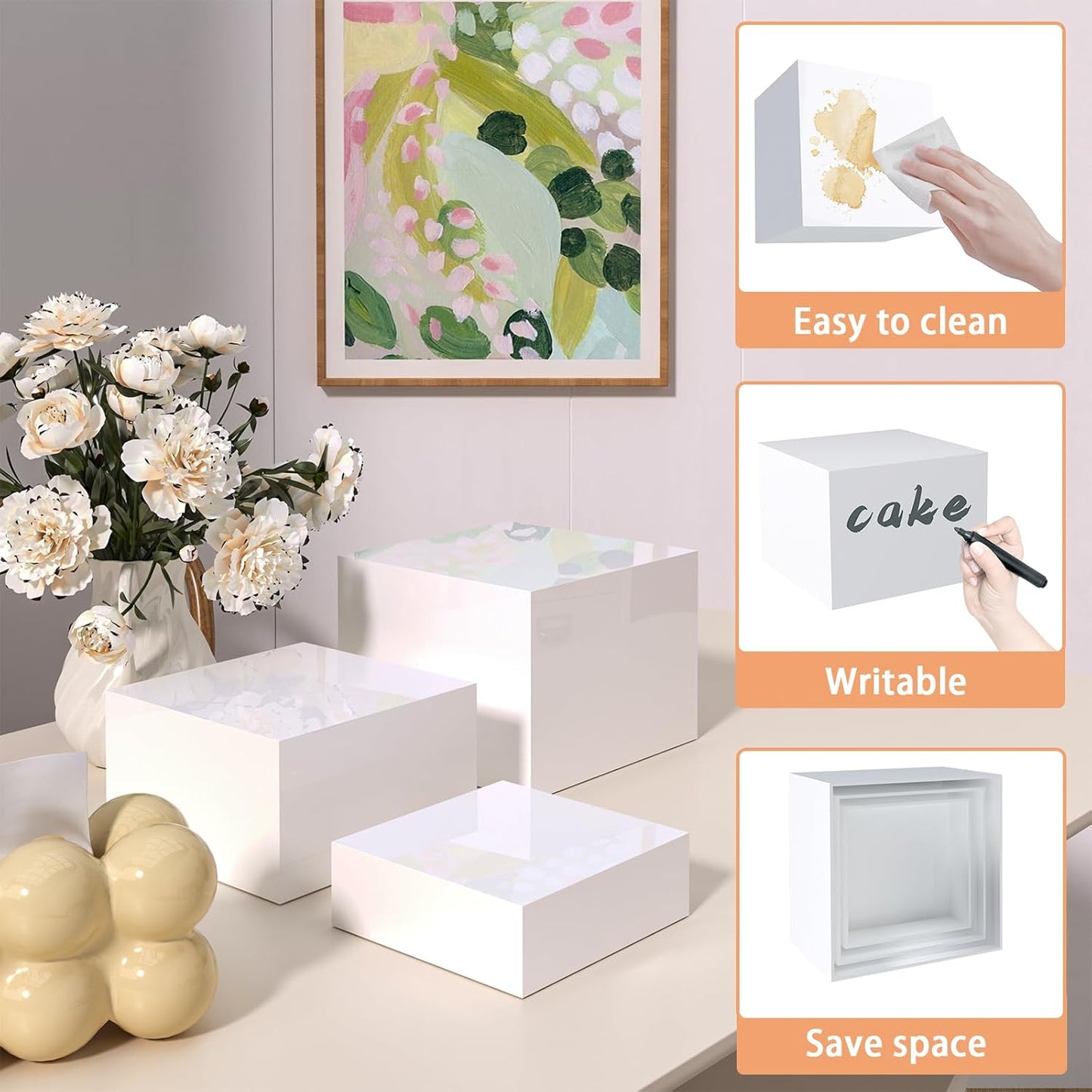 Buffet Risers, Food Display Risers for Party, White Acrylic Risers Display Stand for Buffet Table, Catering Displays for Dessert, Cube Box Nesting Riser with Hollow Bottoms (6"x7"x8" 3PCS)