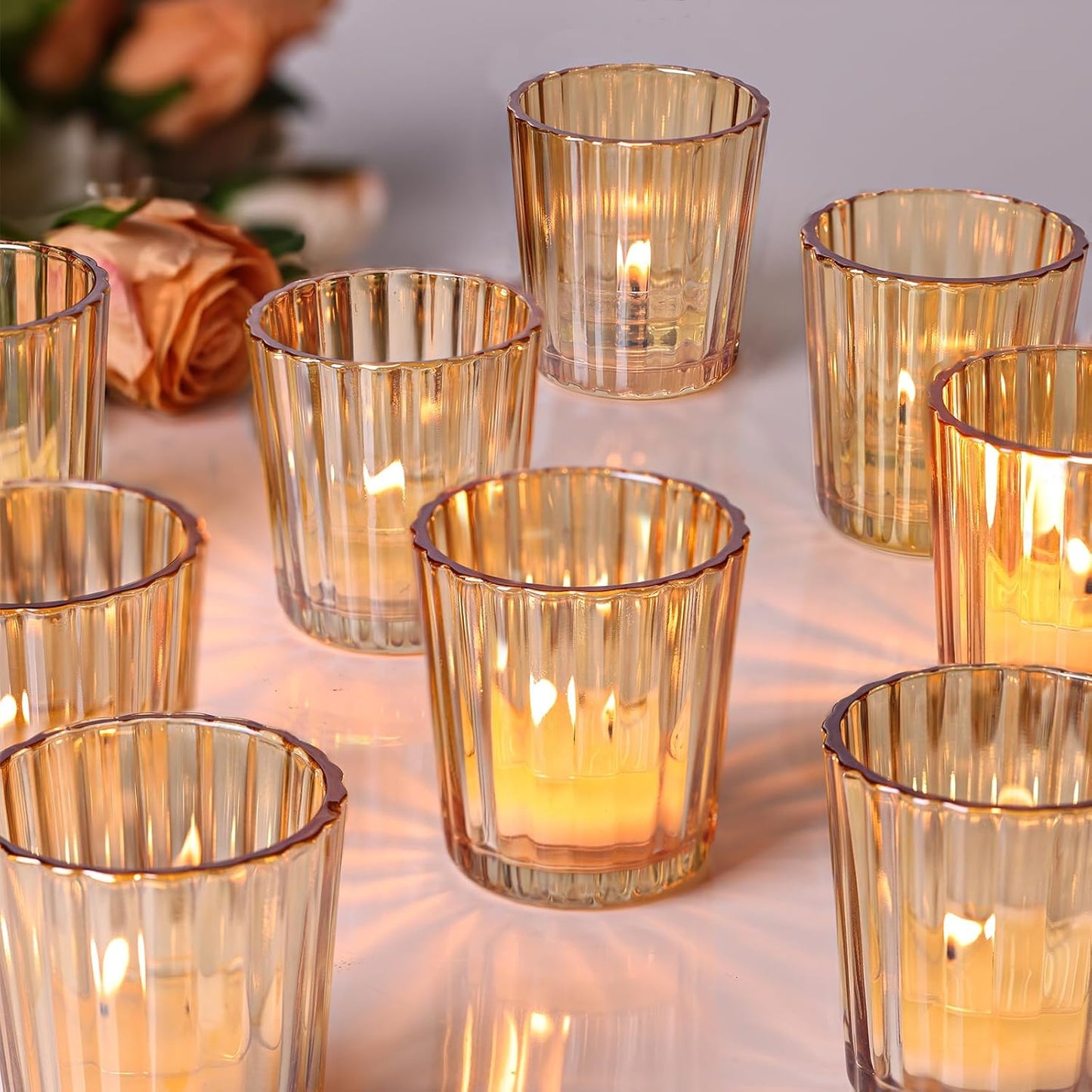 24PCS Vintage Ribbed Gold Votive Candle Holders, Glass Candle Holder for Wedding Decorations, Tealight Candle Holder for Table Centerpiece, Diwali, Home and Party Decorations