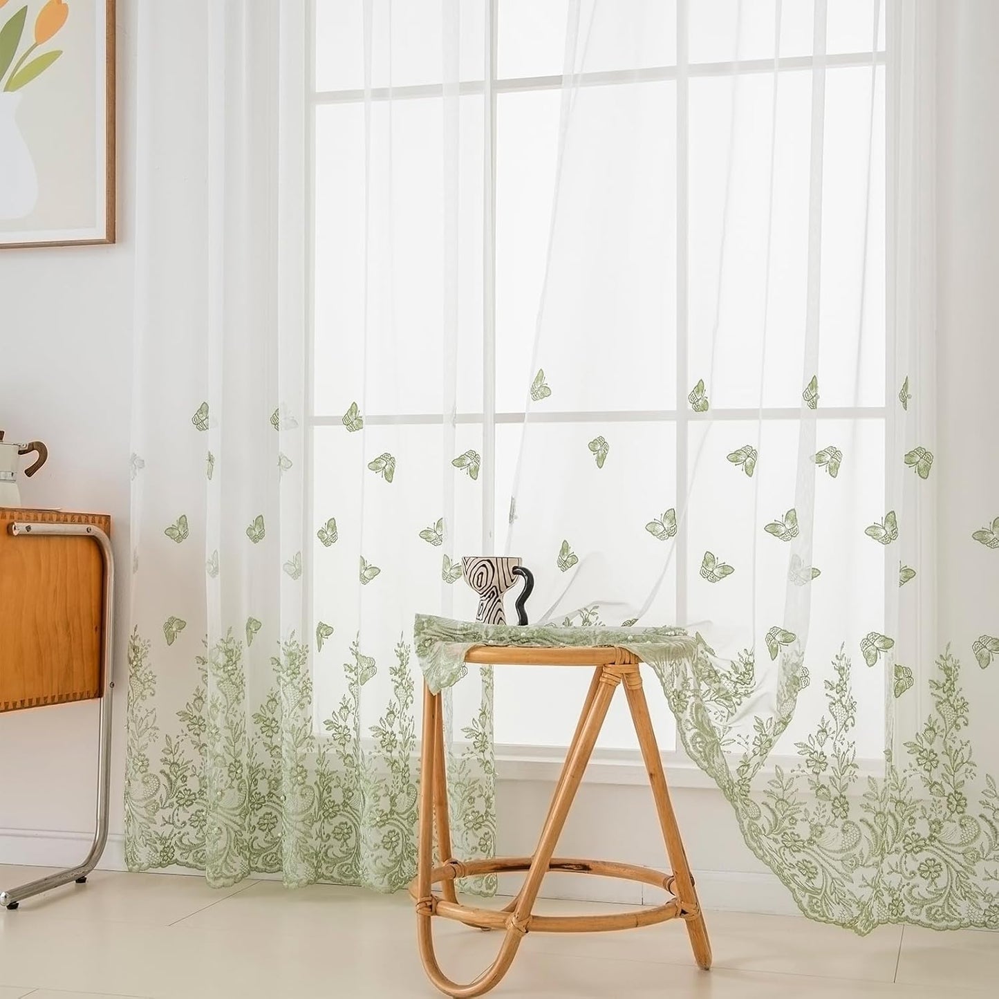 VISIONTEX White Sheer Voile Curtains, Decorative Green Embossed Butterflies Rod Pocket Window Drapes for Home Kitchen, Living Room and Bedroom 54 x 72 Inch, Set of 2 Curtain Panels