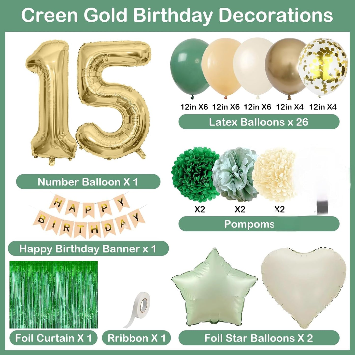 Sage Green 15th Birthday Decorations for Boys Girls Gold Number 15 Balloon Nude Gold Happy Birthday Banner Fringe Curtain Paper Pom Poms Olive Green Cream White Sand Star Foil Balloons Party Decor