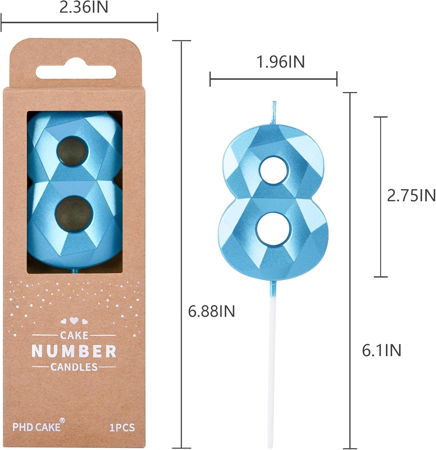 PHD CAKE 2.76 Inch Crystal Blue 8 Number Birthday Candles, Blue Number Candles, Cake Number Candles, Party Celebration