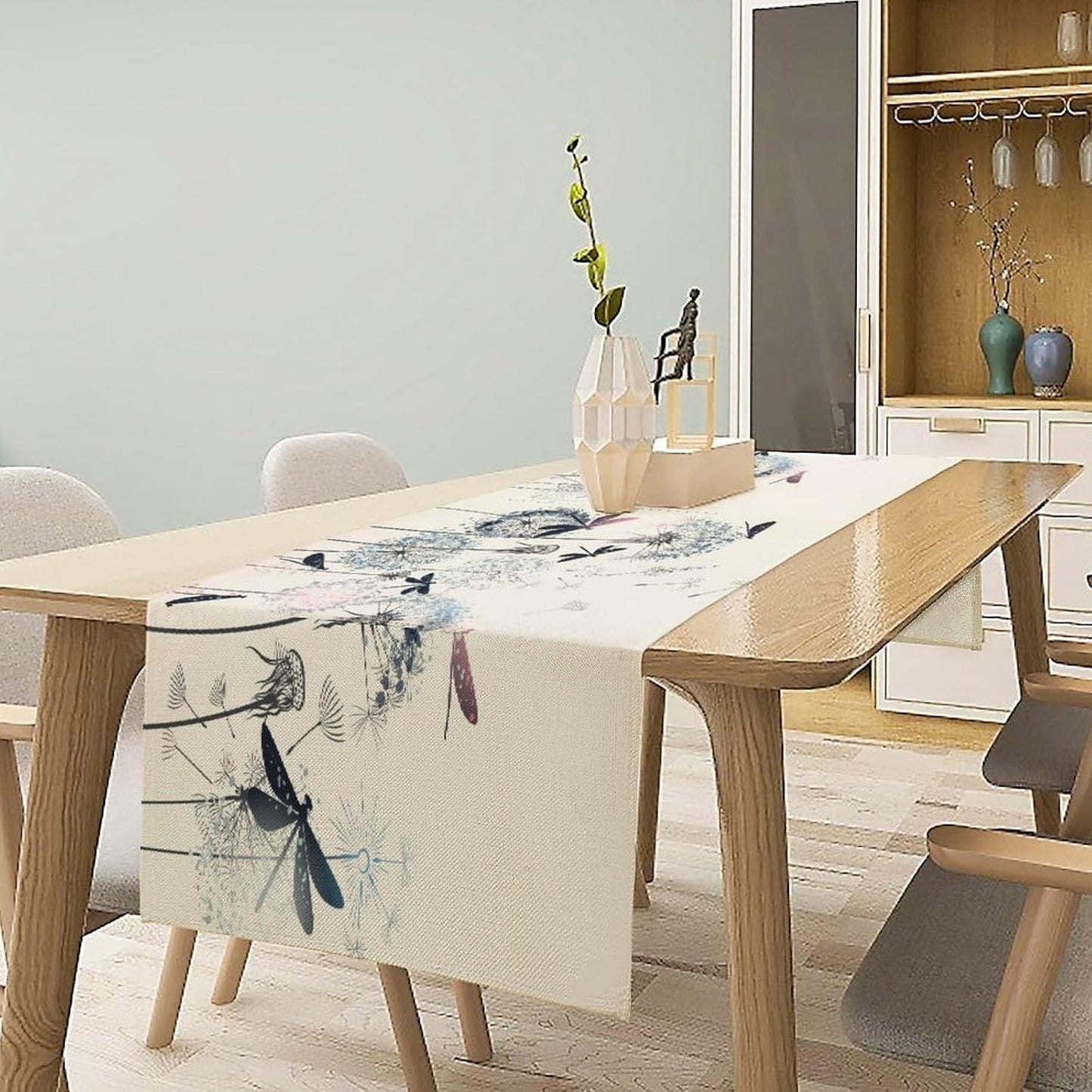 Dandelion Table Runner,Nature Rustic Dragonfly Teal Blue Floral Pattern Print Burlap Tablecloth for Hotel Indoors Outdoor Dining Room Kitchen Table Decor, 13x70in