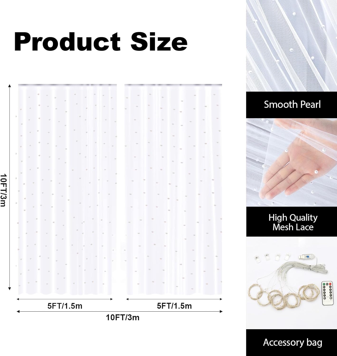 10 x 10 FT Pearl White Tulle Backdrop Curtain with Lights Strings,Wedding Background Curtain Baby Shower Birthday Parties Photo Decorations(2 Panels 5×10ft)