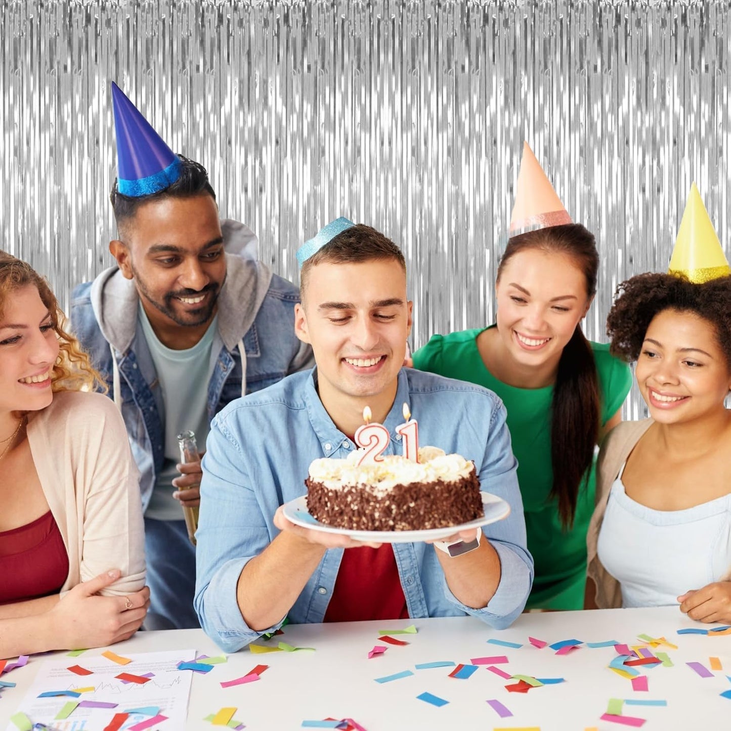 5 Pack Silver Backdrop Curtain Party Decorations Foil Fringe Backdrop Silver Tinsel Streamers Birthday Bachelorette New Year Christmas Wedding Baby Shower Disco Party Decorations