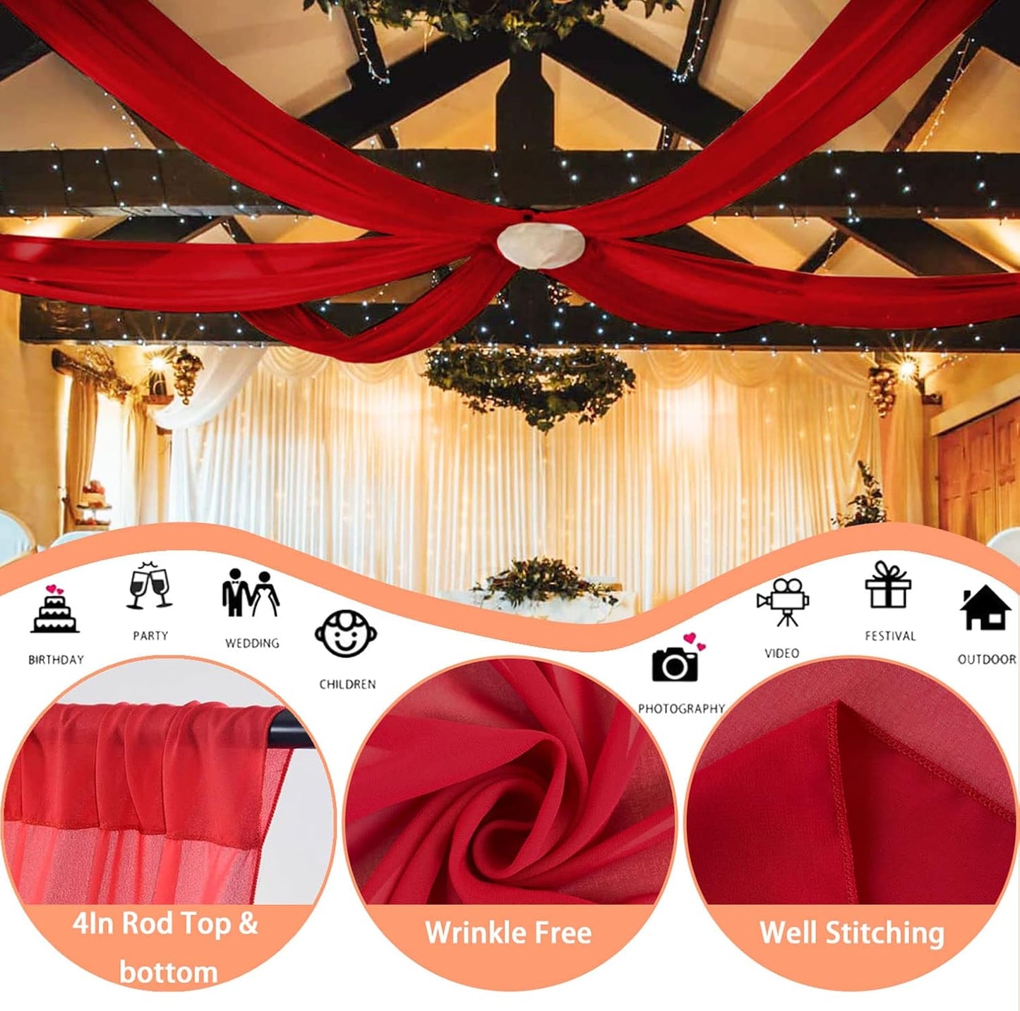 FUHSY Red Ceiling Drapes for Wedding Ceiling Drapes 5x20 FT 4 Panels Ceiling Draping Fabric Wedding Arch Drapery Fabric Sheer Backdrop Curtain Voile Drapes for Ceremony Outdoor Ceiling Decorations