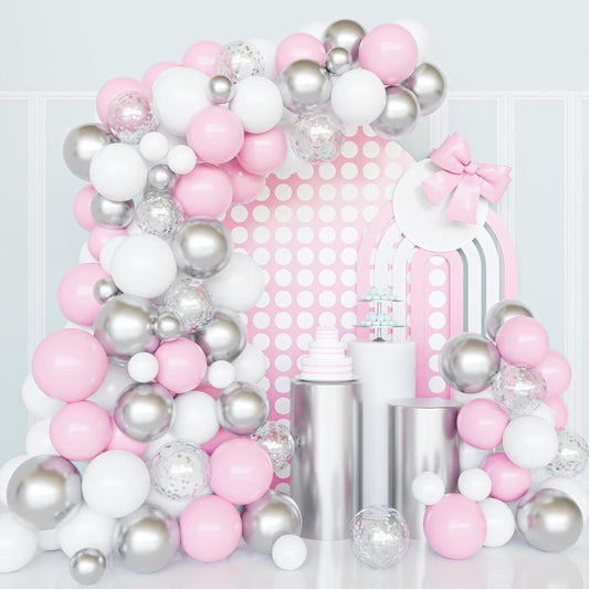 Silver Pink Balloons Garland Kit, 100pcs White and Silver Confetti Metallic Latex Balloons Arch with 16ft Tape Strip & Dot Glue for Girl Baby Shower, Birthday Party, Wedding, Anniversary Decorations