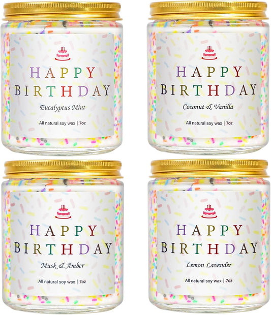 Happy Birthday Candles Set, 4 Pack Birthday Candle Gifts for Women, Unique Best Friend Birthday Gifts Ideas for Her and Him, Natural Soy Candle Scent of Vanilla Coconut/Lavender/Eucalyptus Mint - 7oz