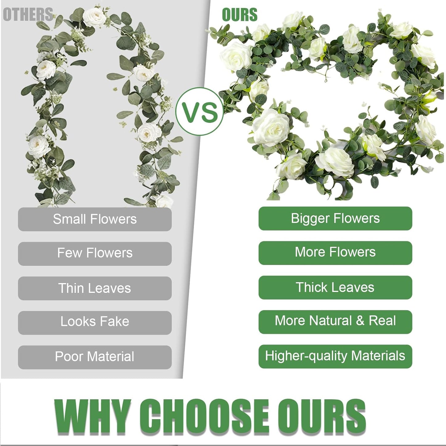 6FT Artificial Eucalyptus Garland with 14 Fake White Rose Flowers - Floral Greenery Decoration Vine for Wedding Centerpieces, Table Runner, Backdrop, Arch Wall Decor,Indoor/Outdoor (2 PCS)