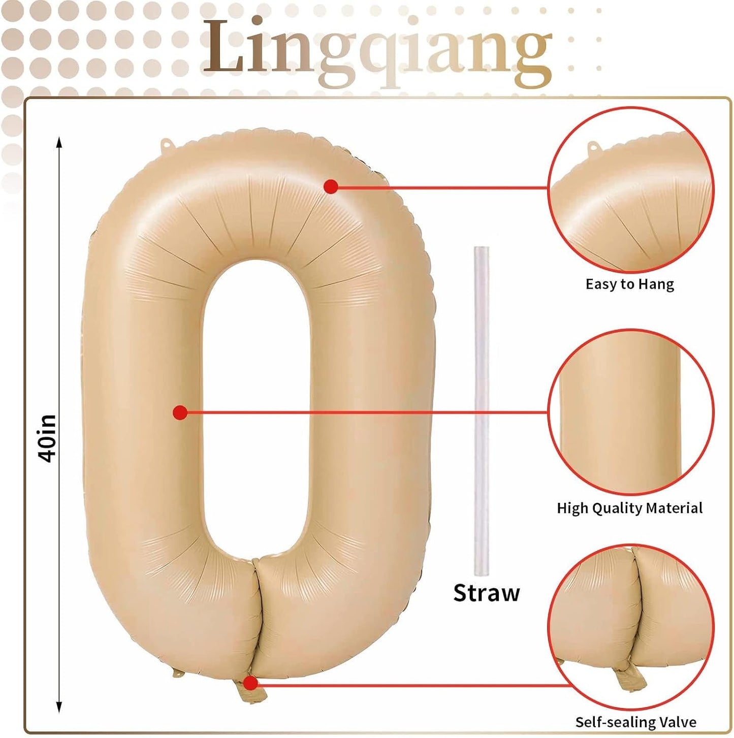 Nude 0 Balloons, 40 Inch Large Tan Foil Number Balloons Set 0-9, Self Inflating Digital 0 Helium Balloon for Boys Girls Men Women 10th 100th Age Birthday Anniversary Party Decorations Supplies