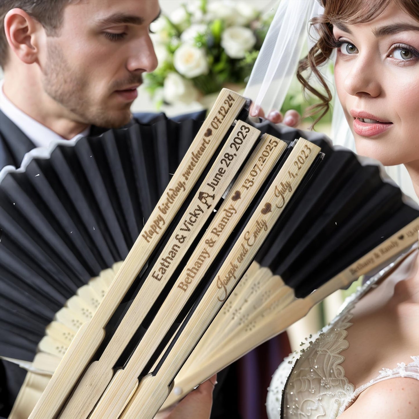 60Pcs Personalized Silk Fans Folding Hand Fan, Custom Wedding Bridal Party Favors, Summer Wedding Bride, Wedding Gift, Thank You Gift (Black)