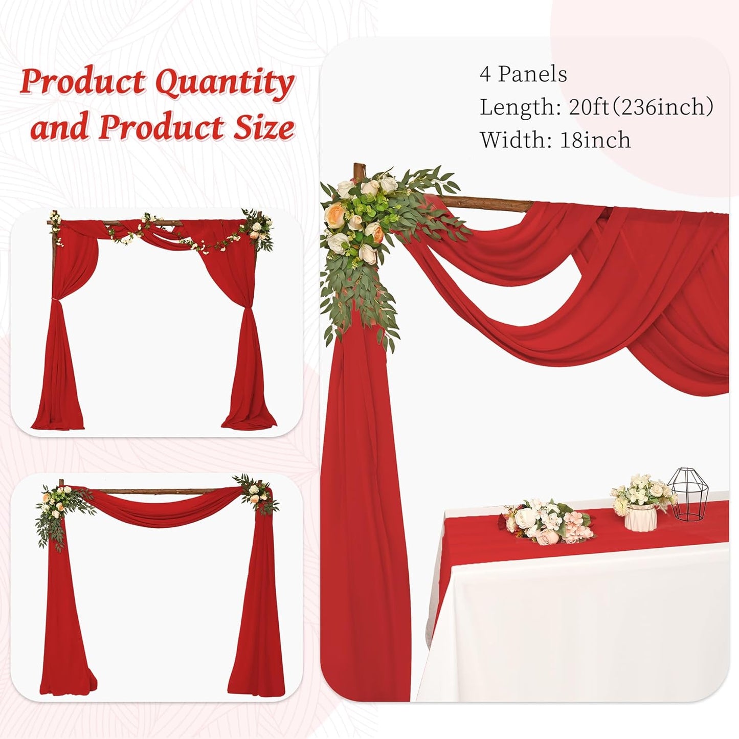 4 Panels Wedding Arch Draping Fabric 28" x 20Ft Chiffon Wedding Arch Drapes Chiffon Fabric Drape Sheer Backdrop Curtain for Weddings Ceremony Birthday Party Event Reception Backdrop Ceiling Décor(Red)