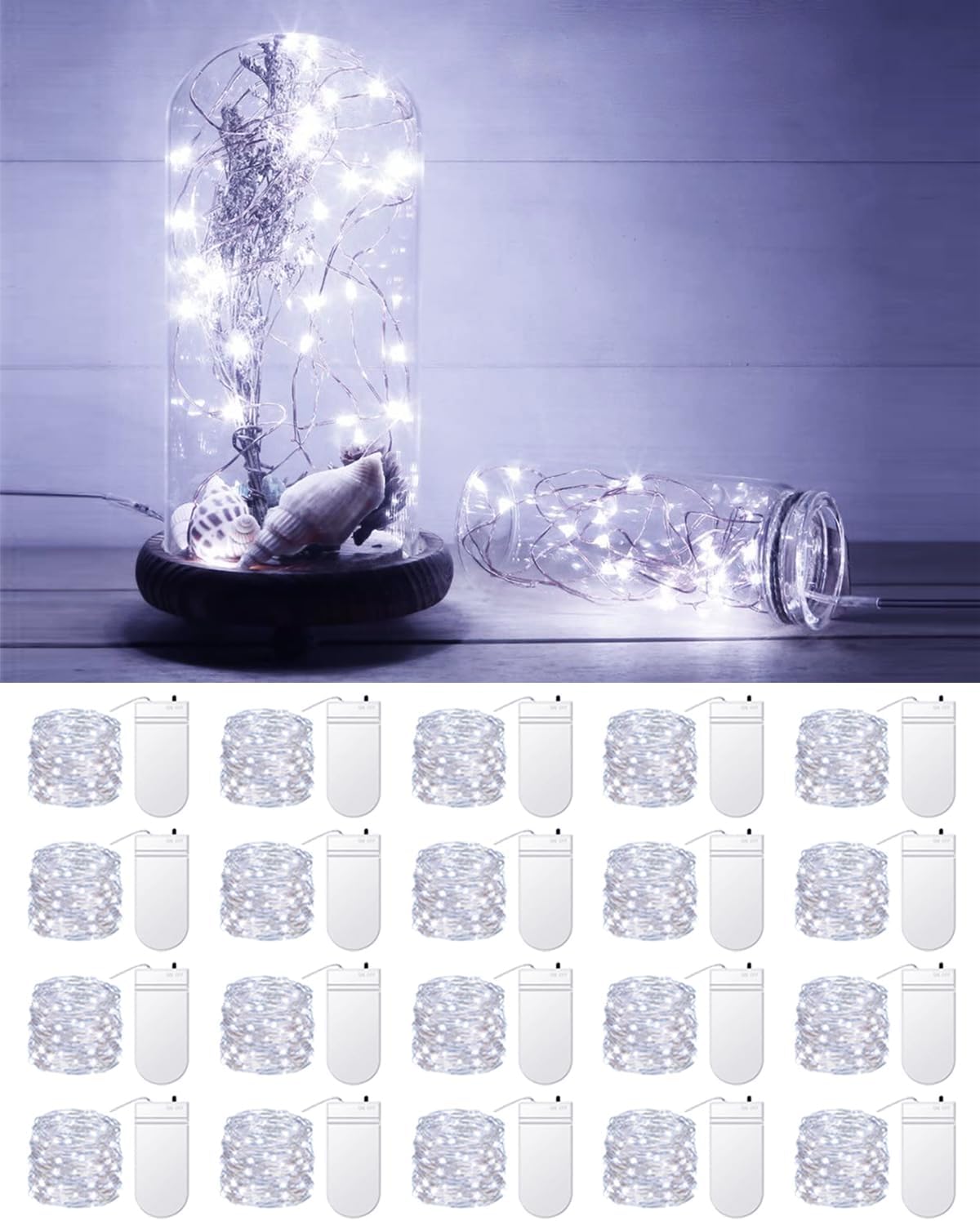 20 Pack Fairy Lights Battery Operated 3.3ft 20 LED Mini String Twinkle Copper Wire Firefly Starry for Mason Jars Wedding Party Christmas Centerpiece Table Decorations, Cool White