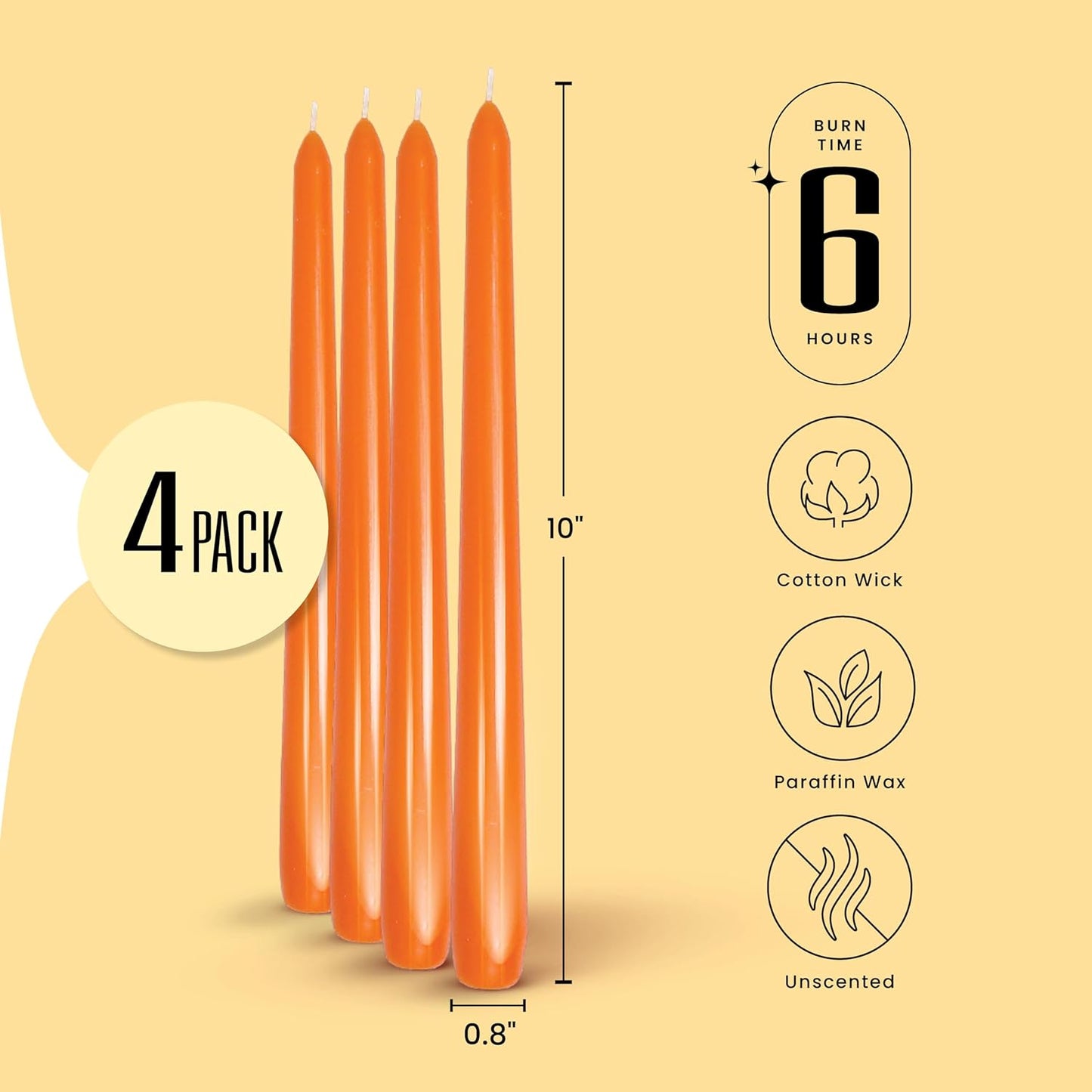 Leor & Lair Orange Taper Candles - 4 Pack 10" Orange Candlesticks - Unscented Long Burning Halloween Taper Candles for Halloween Decor, Thanksgiving Dinner, Fall Weddings & Restaurants
